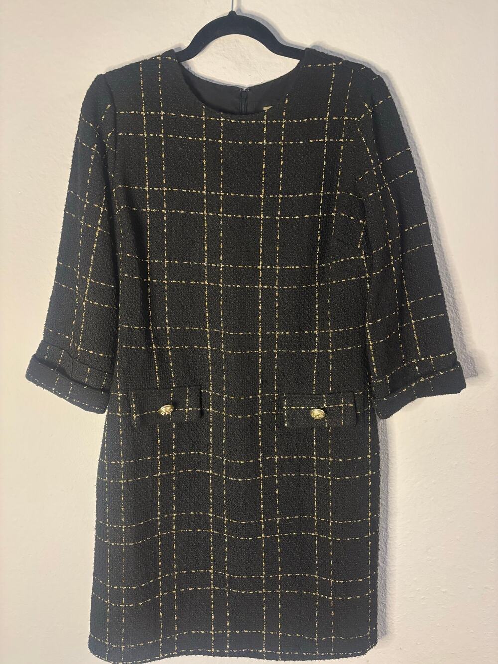 Alexia Admor Tweed Windowpane Shift Dress Sz 8 Black Gold
